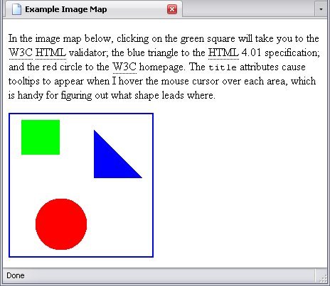 An image map with a green square, blue triangle, and red circle as links