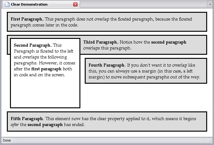 A webpage with a floated paragraph and a paragraph that clears it