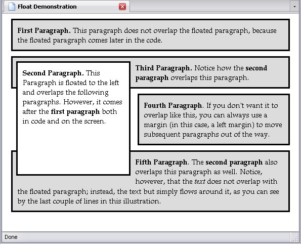 A webpage with a <p> element floated to the left.